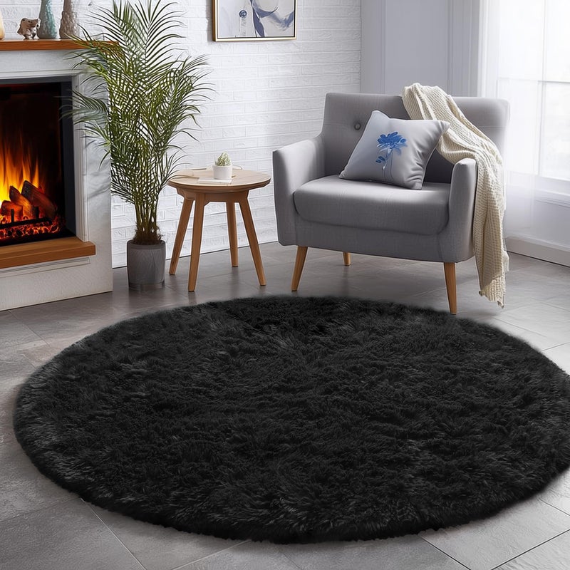Amdrebio Black Round Rugs 5Ft for Bedroom Aesthetic, Fluffy Plush Circle Area Rugs for Living Room, Fuzzy Modern Cool Throw Carpet for Baby Kids Teen Boys Mens, Office Playroom Nursery Apartment Home Decor - Image 4